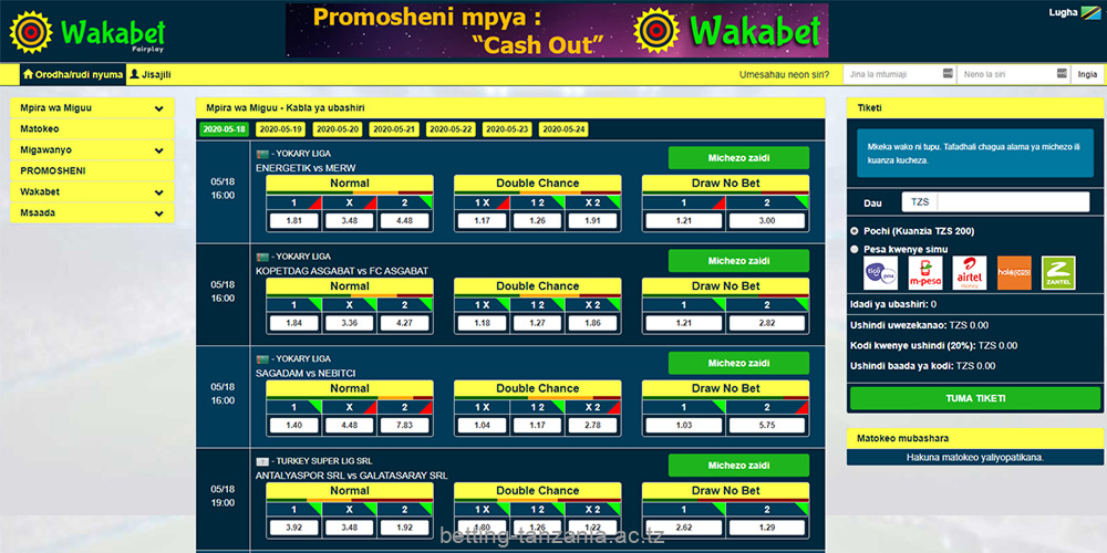 General information on placing bets at the bookmaker Wakabet Tanzania