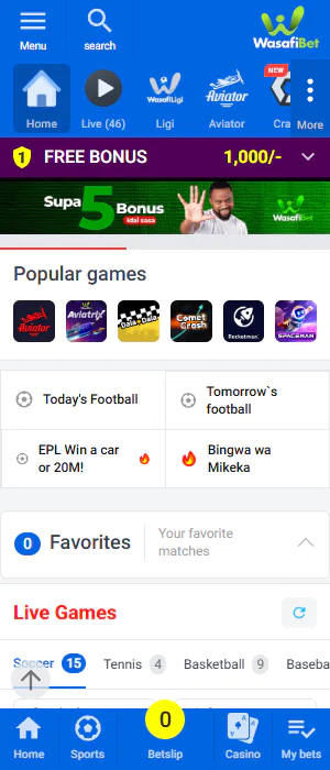 Wasafi Bet application main screen