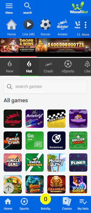 Casino games section of the Wasafi Bet app