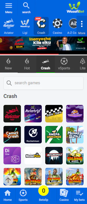 Crash Games section of the Wasafi Bet Tanzania app