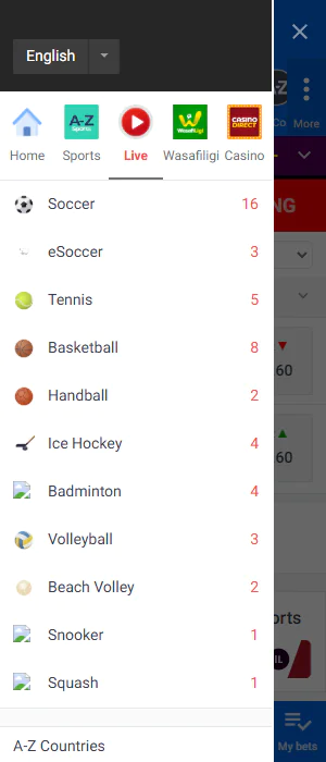 The menu gives quick access to the main sections of the Wasafi Bet Tanzania app