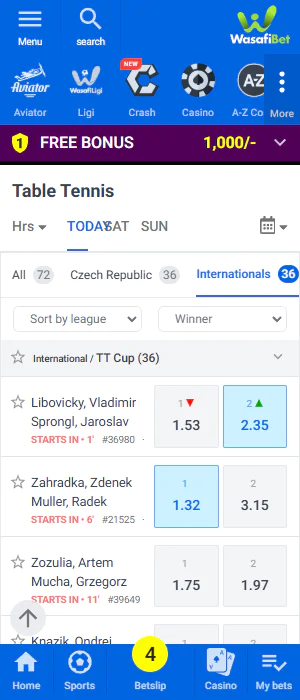 Wasafi Bet app allows you to bet on table tennis