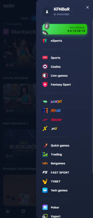 The main menu of the 1win application contains the most important sections