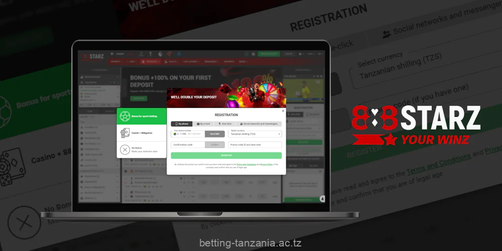 The registration process at 888STARZ Tanzania is available in several ways