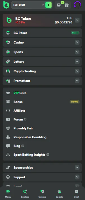 The main menu of the BC Game app contains the most important sections for quick access