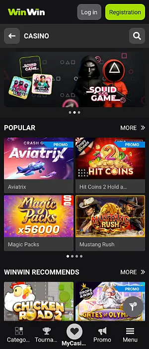 The online casino section of the WinWin app contains hundreds of popular games