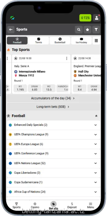 Popular football events available for betting on the WinWin Tanzania app