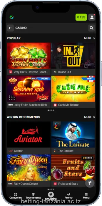 The online casino section of the WinWin app contains hundreds of popular games